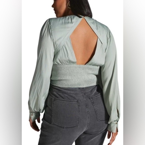 By Anthropologie Sz 2X Mint Green Open Back Blouson Sleeve Blouse Elegant Flowy - Picture 2 of 16